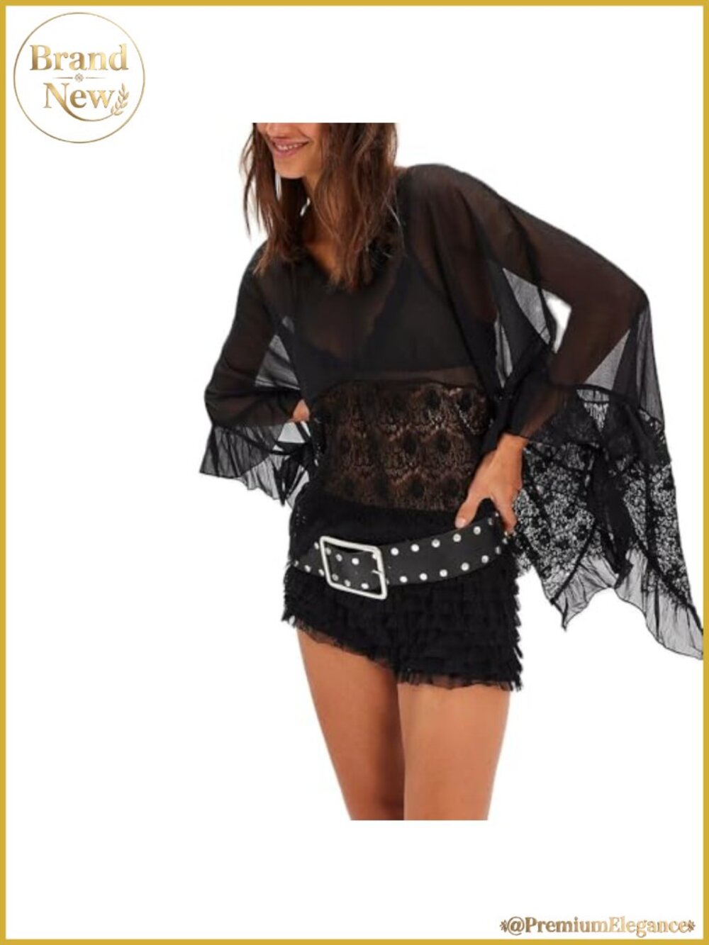 Sheer Lace Poncho Top Y2K Oversized V Neck Batwing Sleeve Cover Up